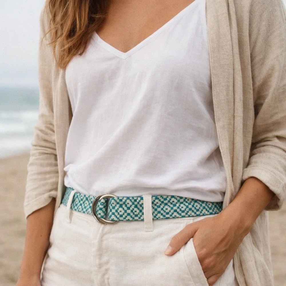 Teal Cream Woven Fabric‎ Belt Double D Ring Boho Preppy Coastal Adjustable